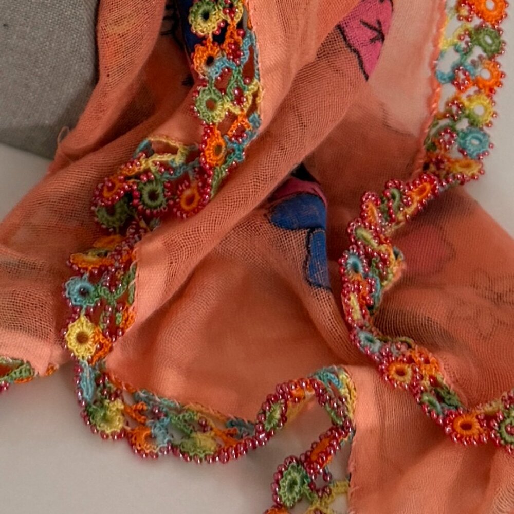 Collectable Traditional Turkish Vintage 1940s-1950s Oya Scarf Peach w Multi Col - Picture 7 of 8